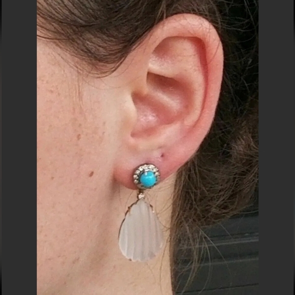 Earrings 14k Gold Diamond Turquoise Rock Crystal Quartz Drop- Estate Jewelry 7g - Picture 2 of 12